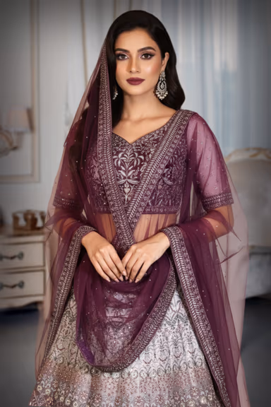 Light Purple Heavy Embellished Bridal Lehenga With Golden Stone Details On Skirt , Crop Top And Dupatta — view 1 of 2