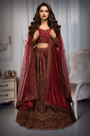 Magnificent Maroon Lehenga Set, Crafted With Rich Net Fabric And Intricate Beadwork — view 2 of 2