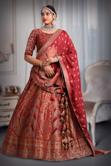 Maroon banarasi Brocade lehenga — view 2 of 5