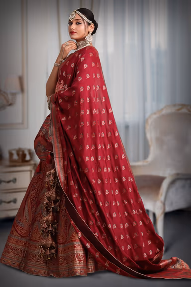 Maroon banarasi Brocade lehenga — view 3 of 5