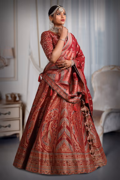 Maroon banarasi Brocade lehenga — view 4 of 5