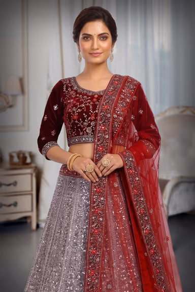 Maroon And Golden Bridal Lehenga With Golden Threadwork Details And Maroon Color Dupatta — view 1 of 3