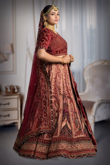 Maroon & golden yellow embrodery lace work lehenga — view 4 of 5