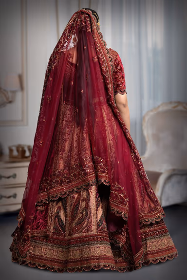 Maroon & golden yellow embrodery lace work lehenga — view 5 of 5