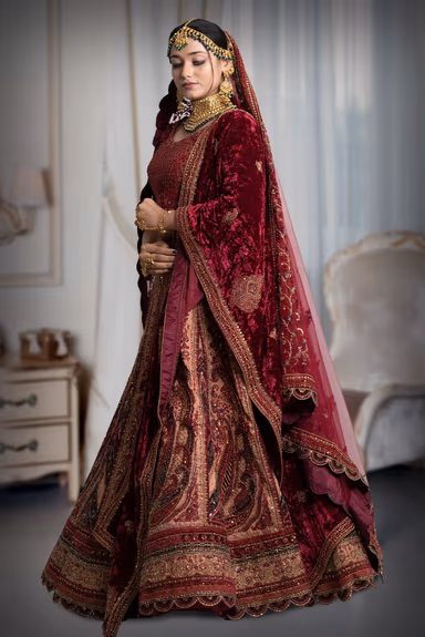 Maroon & golden yellow embrodery lace work lehenga — view 3 of 5
