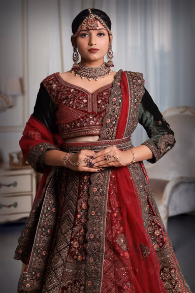 Maroon & Green big ghera work lehnga — view 1 of 5