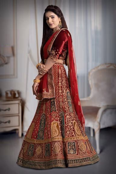 Maroon multi colour velvet lehenga — view 4 of 5