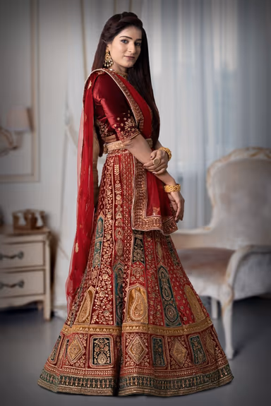 Maroon multi colour velvet lehenga — view 3 of 5