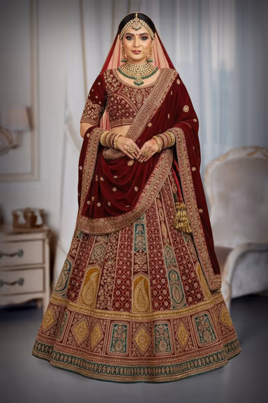 Maroon Velvet Heavy Bridal Embroidered Lehenga Choli with Dupatta — view 2 of 2