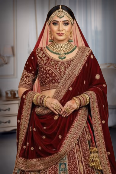 Maroon Velvet Heavy Bridal Embroidered Lehenga Choli with Dupatta — view 1 of 2