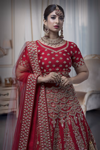 Maroonish Red Silk Cutdana Lehenga — view 1 of 6