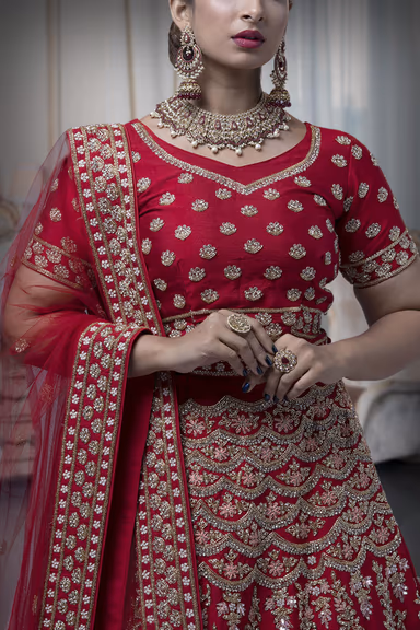 Maroonish Red Silk Cutdana Lehenga — view 4 of 6