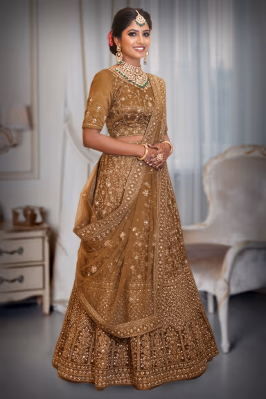 Mehandi Green and Gold Embroidered Lehenga Choli with Net Dupatta — view 3 of 3