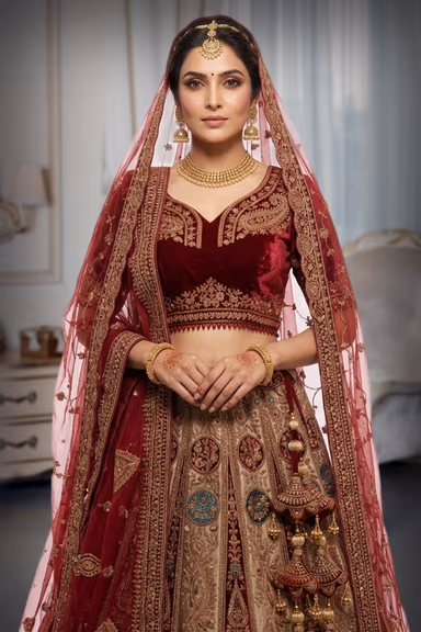 Meroon Heavy  Velvet bridal Lehenga With Dual Dhuppatta — view 1 of 2