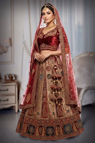 Meroon Heavy  Velvet bridal Lehenga With Dual Dhuppatta — view 2 of 2