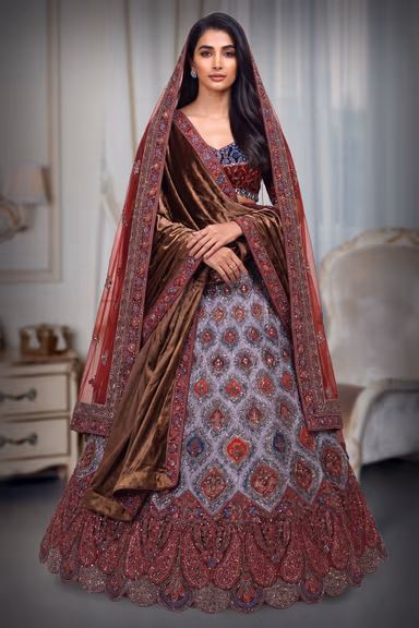 Multicolor Velvet Lehenga With Blue And Red Combination Blouse Along With Multicolor Threadworked Skirt And… — view 2 of 4