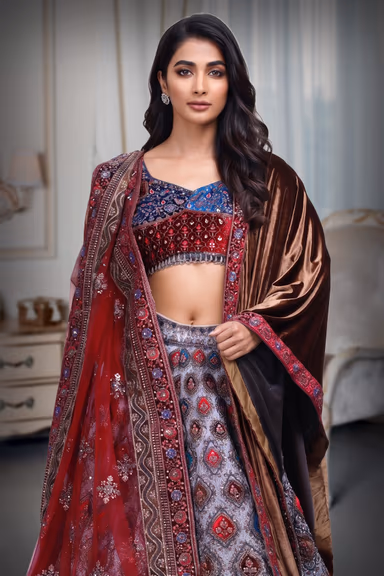 Multicolor Velvet Lehenga With Blue And Red Combination Blouse Along With Multicolor Threadworked Skirt And… — view 1 of 4