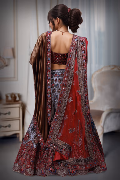 Multicolor Velvet Lehenga With Blue And Red Combination Blouse Along With Multicolor Threadworked Skirt And… — view 4 of 4