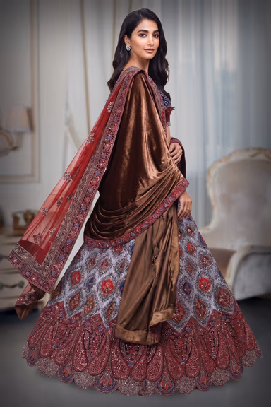 Multicolor Velvet Lehenga With Blue And Red Combination Blouse Along With Multicolor Threadworked Skirt And… — view 3 of 4