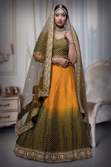 Mustard green and yellow silk lehenga — view 2 of 6