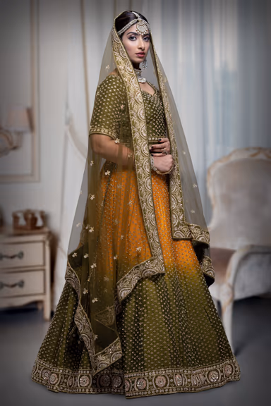 Mustard green and yellow silk lehenga — view 6 of 6