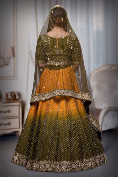 Mustard green and yellow silk lehenga — view 5 of 6