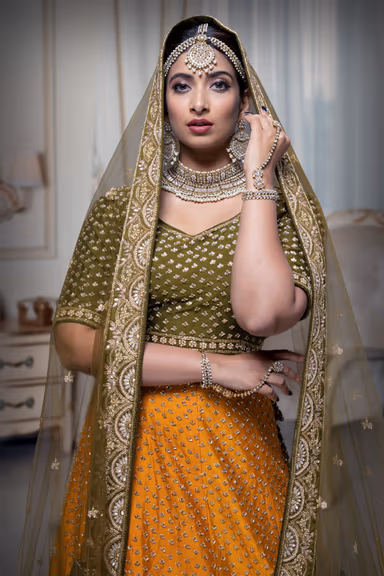 Mustard green and yellow silk lehenga — view 1 of 6