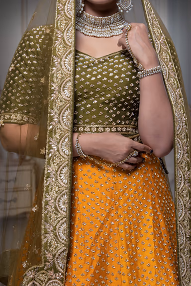 Mustard green and yellow silk lehenga — view 4 of 6