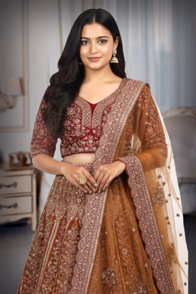 Mustard Yellow Heavy Embellished Bridal Lehenga With Golden Stone Details On Skirt , Crop Top And Dupatta — view 1 of 2
