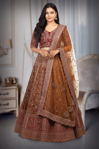 Mustard Yellow Heavy Embellished Bridal Lehenga With Golden Stone Details On Skirt , Crop Top And Dupatta — view 2 of 2