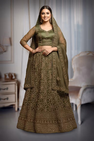 Olive Green Lehenga Choli with Golden Zardozi and Sequin Work — view 2 of 2