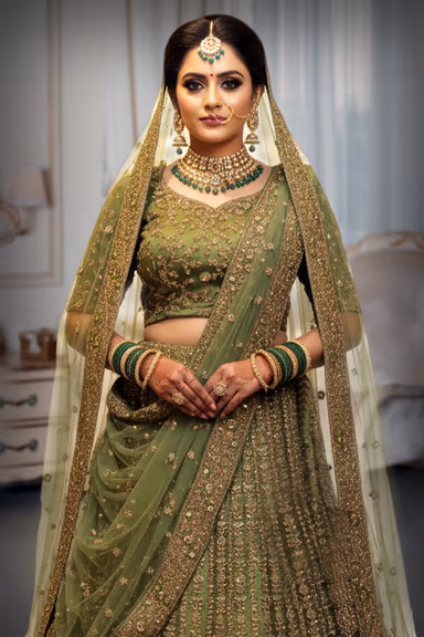 Olive Green Net/Silk Lehenga with Heavy Tone-on-Tone Embroidery — view 1 of 3