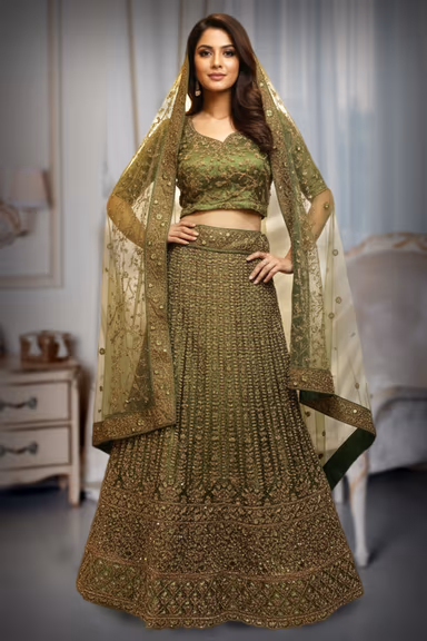Olive Green Net/Silk Lehenga with Heavy Tone-on-Tone Embroidery — view 2 of 3
