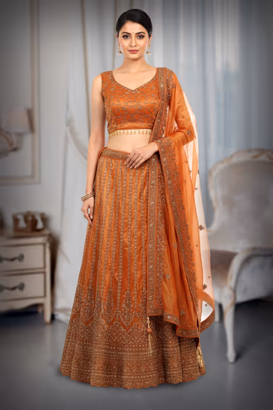 Orange Bridal Lehenga With Intricate Stone Work Details Along With Same Color Dupatta — view 2 of 2