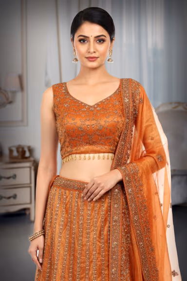 Orange Bridal Lehenga With Intricate Stone Work Details Along With Same Color Dupatta — view 1 of 2