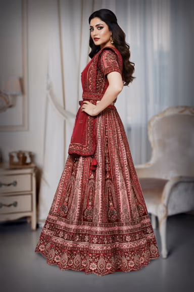 Heavy peachish red stoned lehenga — view 3 of 4