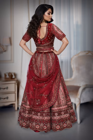 Heavy peachish red stoned lehenga — view 4 of 4