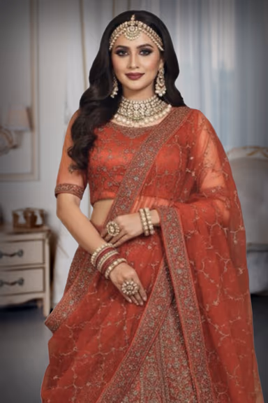 Persian Orange Lehenga With Intricate Golden Handwork Details In Skirt And Top Along With Same Color Dupatta — view 1 of 2