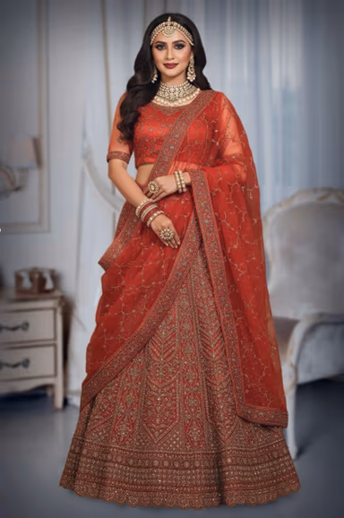 Persian Orange Lehenga With Intricate Golden Handwork Details In Skirt And Top Along With Same Color Dupatta — view 2 of 2