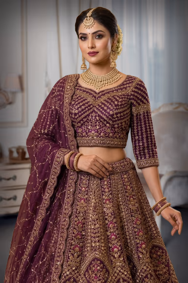 Heavy Plum Bridal Lehenga with Intricate Architectural Zari & Stone Work — view 1 of 2