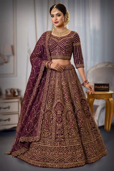 Heavy Plum Bridal Lehenga with Intricate Architectural Zari & Stone Work — view 2 of 2