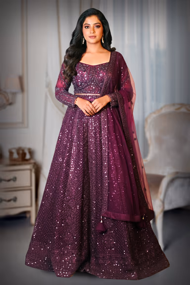 Purple Heavy Embellished Bridal Lehenga With Golden Stone Details On Skirt , Crop Top And Dupatta — view 3 of 3