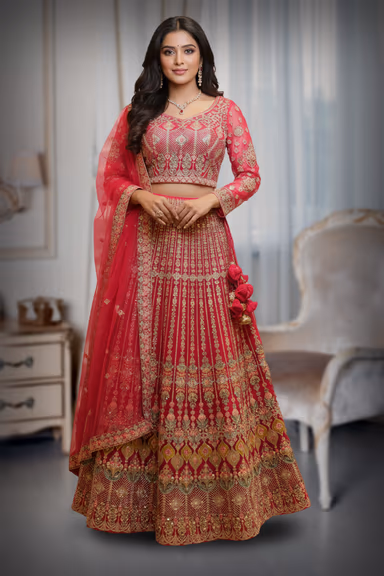 Rani Pink Heavily Embroidered Geometric Pattern Lehenga — view 2 of 2