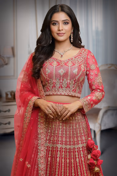 Rani Pink Heavily Embroidered Geometric Pattern Lehenga — view 1 of 2