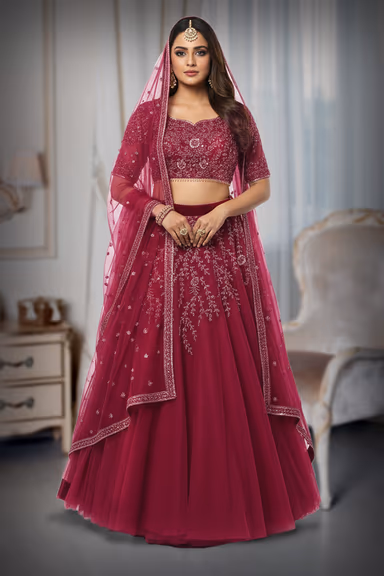 Raspberry Pink Sequin & Floral Mesh Lehenga — view 2 of 2