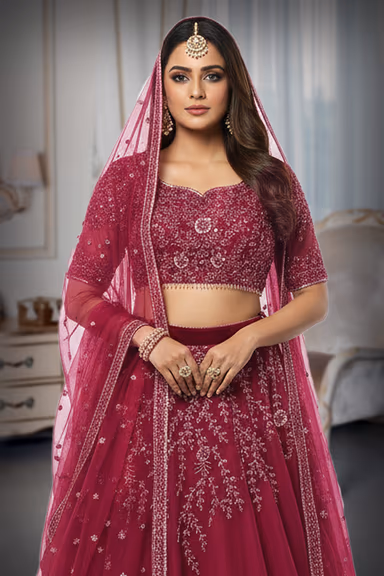 Raspberry Pink Sequin & Floral Mesh Lehenga — view 1 of 2