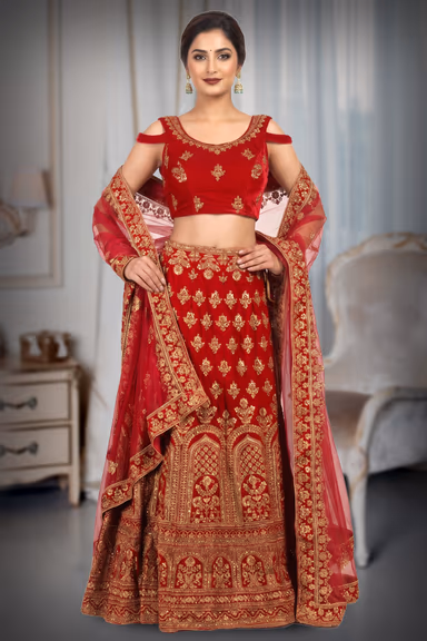 Red lehenga with gold embroidery — view 2 of 3