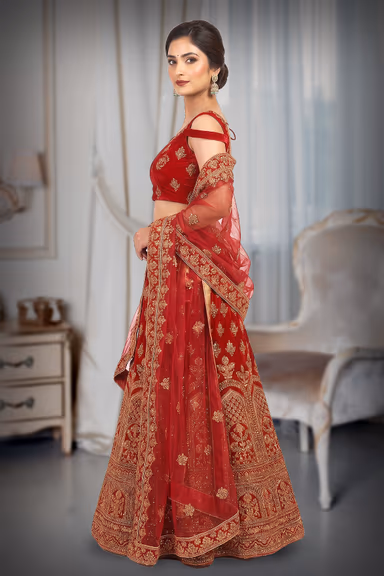 Red lehenga with gold embroidery — view 3 of 3