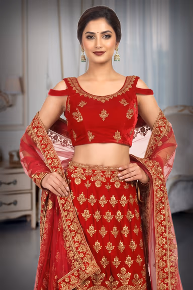 Red lehenga with gold embroidery — view 1 of 3