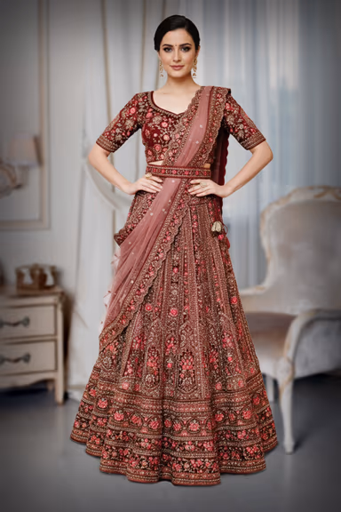 Royal Maroon Velvet Zardozi Bridal Lehenga — view 2 of 4